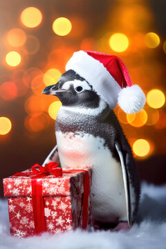 Christmas cute penguin with gift present. Portrait of a little penguin sitting under snowfall. Christmas card. .