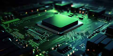 Fototapeta premium Heart of the Machine: Microprocessor in Green Glow. Motherboad electronics. Generative AI