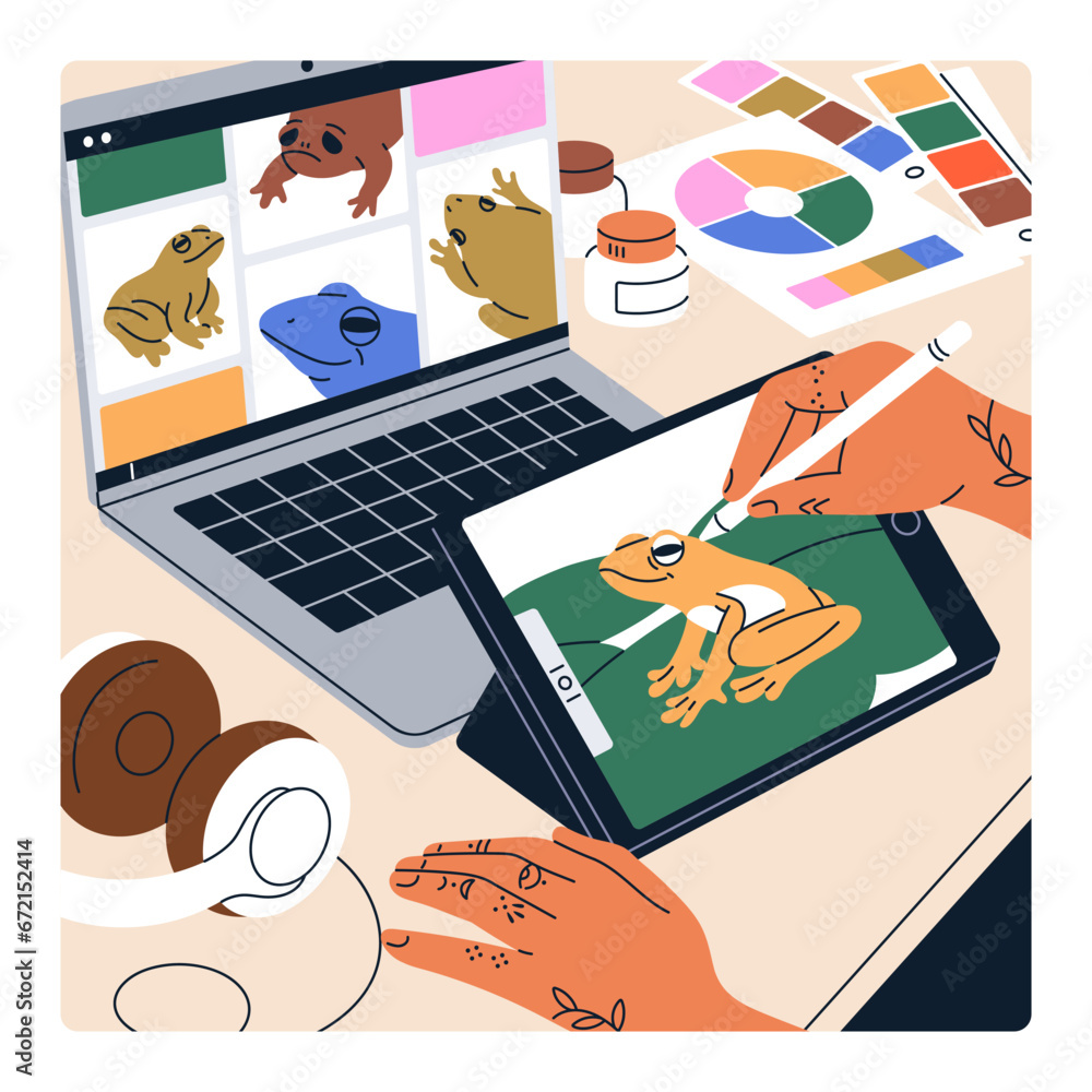 Poster Digital artist drawing on graphic tablet computer. Illustrator with stylus pen in hand, pad and laptop, works at table. Creating illustration at creative workplace. Art talent and skill. Flat vector