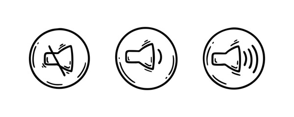 Doodle sound icons set. Mute and sound on mode symbol. Speaker sketch pictogram. Play music, voice, noise regulation sketch buttons - obrazy, fototapety, plakaty