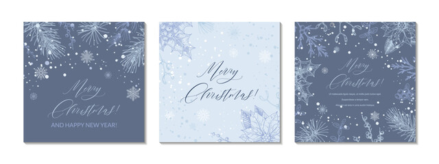 Fototapeta na wymiar Set of Merry Christmas and Happy New year blue square greeting cards. Social media post template. Hand drawn sinter festive background with sketch botany elements. Engraving vector illustration