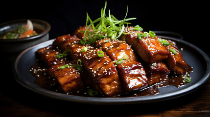 Slow-cooked Chinese pork belly slices with honey.