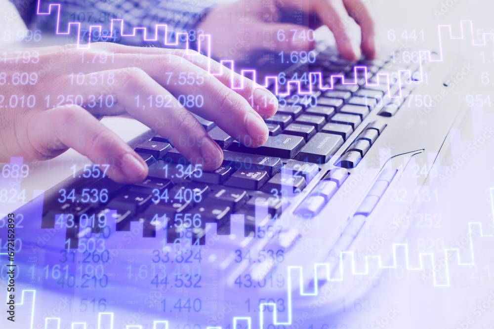 Poster businessman analyzing data management, analytics with charts