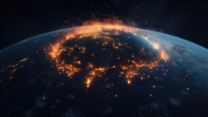 Earth in space with networking glowing light background.