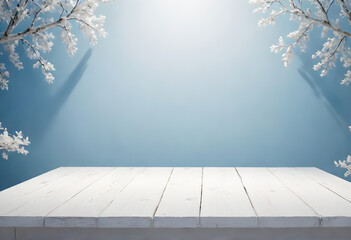 Painting 3d style, Soft Focus Empty white wooden table, Simple and elegant luxury. background image of the New Year Festival, Christmas soft pastel blue tones.