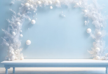 Painting 3d style, Soft Focus Empty white wooden table, Simple and elegant luxury. background image of the New Year Festival, Christmas soft pastel blue tones.