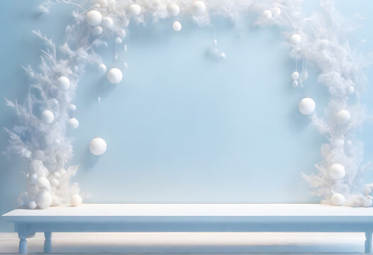 Painting 3d style, Soft Focus Empty white wooden table, Simple and elegant luxury. background image of the New Year Festival, Christmas soft pastel blue tones.