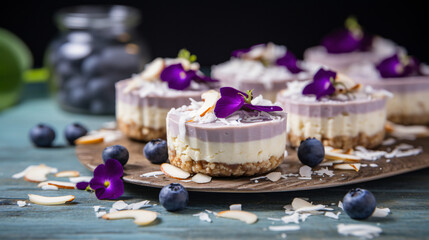 Vegan mini cheesecakes with blueberry and white chocolate