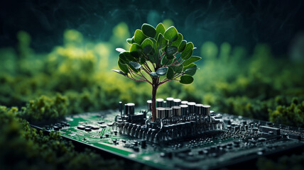 small tree emerging from an electrical circuit board - obrazy, fototapety, plakaty