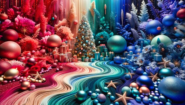 Vibrant Christmas scene with colorful gifts, ornaments, and trees in gradient backgrounds.Generative AI