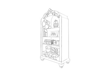 Line drawing of a closet with flowers, books, a jewelry box and a bunny toy