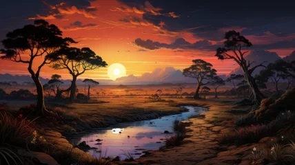 Fotobehang Illustration of savanna landscape at sunset © senadesign