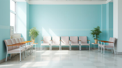 interior of a doctor or hospital waiting room, empty chairs