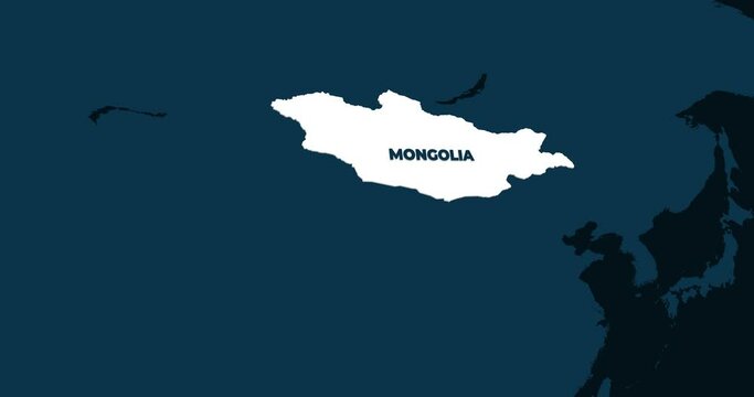 World Map Zoom In To Mongolia. Animation in 4K Video. White Mongolia Territory On Dark Blue World Map