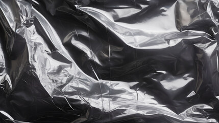 Transparent wrinkled plastic wrap on black background. Crumpled dark thin plastic backdrop. Generative AI