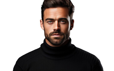 Fototapeta premium Masculine Charm A Handsome Man Dapper Black Sweater Look on White or PNG Transparent Background.