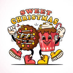 Cookies and a glass of hot chocolate with cream, cute mascot character for Christmas and winter. Suitable for logos, mascots, t-shirts, stickers and posters