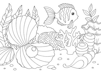 Fototapeta premium Underwater pearl shell sea graphic black white sketch illustration vector