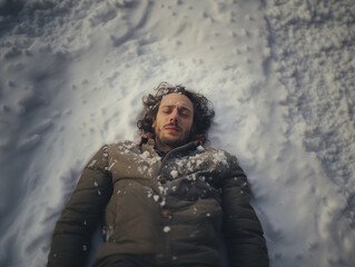 Fototapeta na wymiar 雪の上に寝そべる男性