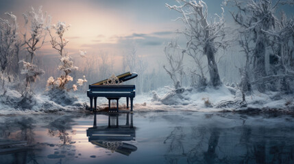 A black piano stands outside in the forest in winter - obrazy, fototapety, plakaty