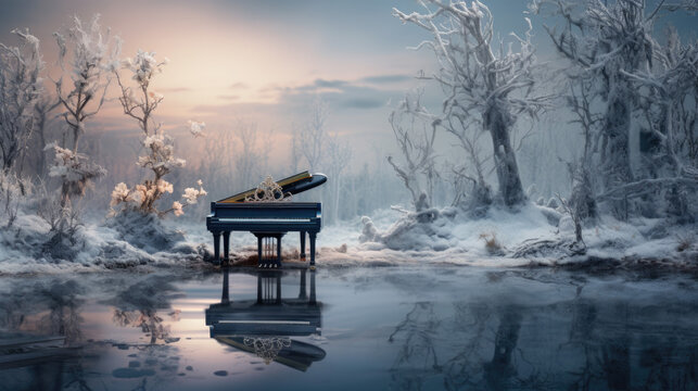 A black piano stands outside in the forest in winter