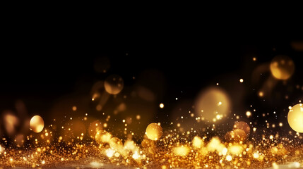 Fototapeta na wymiar Abstract gold shiny Christmas banner background with golden glitter, confetti and particles. Holiday bright blurred backdrop with golden bokeh