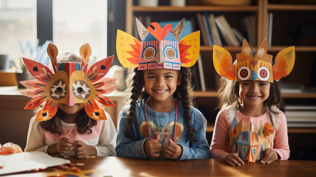 Three girls with self-made crowns and masks in kindergarten