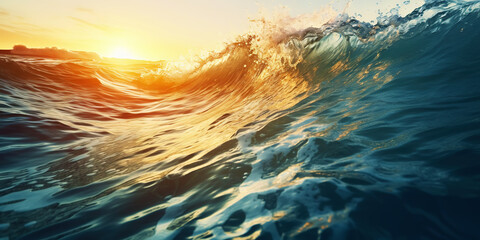 Closeup of the ocean wave. The sea in the light of summer sunset. Travel, vacation concept. Generative AI