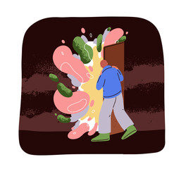 Opening door to new life. Curious person dreaming, changing dungeon to freedom, escaping from jail, finding secret. Creative concept. Flat graphic vector illustration isolated on white background