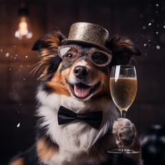 Dog on a holiday with a glass of champagne. Generative AI. Happy new year dog celberation.