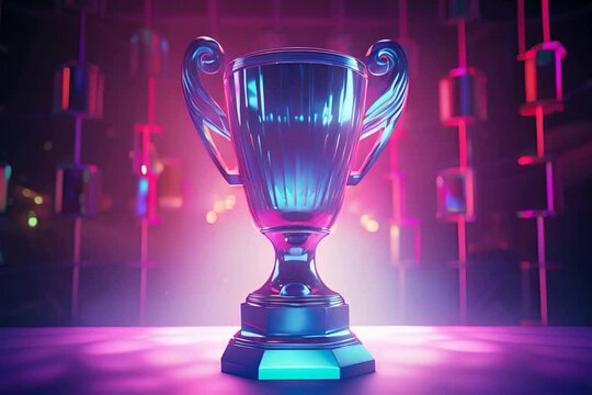 Bright blue trophy shimmering against a background of colorful pillars. Generative AI