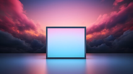 abstract minimal background with pink blue yellow neon light square frame with copy space, illuminated stormy clouds, glowing geometric shape, 3d render