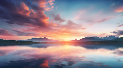 Tranquil sunrise over a serene lake, as the first rays of light create a breathtaking tapestry of colors in the sky. Generative Ai.NO.04 - obrazy, fototapety, plakaty