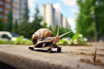 Slow snail riding skateboard. Speed increase, reptile courier delivery, transportation, efficient fast movement, time saving fast delivery concept - obrazy, fototapety, plakaty