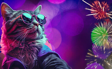 Funny cat in sunglasses on purple, bokeh background with fireworks. New Years celebration card. Copy space.