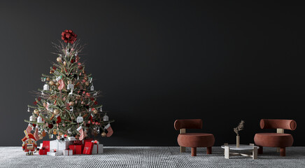 Modern luxury interior of living room with christmas tree and gifts and red arm chairs on empty black wall background. 3d rendering.