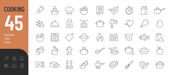 Cooking_icons_1Cooking Line Editable Icons set. Vector illustration in thin line modern style of cooking process, main ingredients and kitchen utensils icons. Isolated on white.