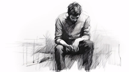 Black Pencil Sketch of Stressed Male on White Background, Perfect for Editorial Illustrations and Website Design.