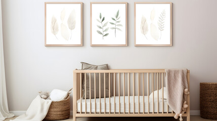 a wall frame mockup in a nursery with a Boho, Scandinavian, eco style.