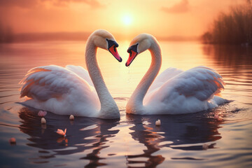 Two beautiful swans swim sea water. They make a heart shape with their necks. Nice day for peaceful couple on the river in sunrise sunset. One love symbol, romantic animals together, elegance concept