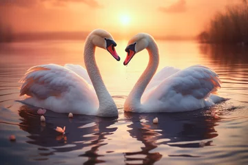 Keuken spatwand met foto Two beautiful swans swim sea water. They make a heart shape with their necks. Nice day for peaceful couple on the river in sunrise sunset. One love symbol, romantic animals together, elegance concept © Valeriia