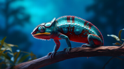 a colorful chameleon on a branch  on blue background - obrazy, fototapety, plakaty