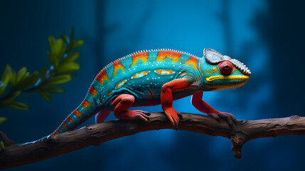 a colorful chameleon on a branch  on blue background
