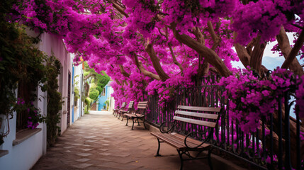 Fototapeta na wymiar Vibrant purple flowers lining a walkway with bench
