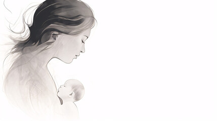Black Pencil Sketch of Mother and Baby, Perfect for Family-Centric Designs and Emotional Editorial Spreads.