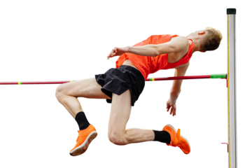male athlete jumper high jump in athletics, fosbury flop technique, isolated on transparent background