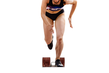 female sprinter start running from starting blocks in athletics, isolated on transparent background