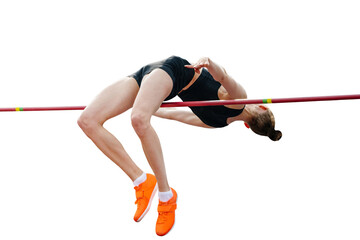 woman jumper high jump in summer athletics championships, isolated on transparent background - obrazy, fototapety, plakaty