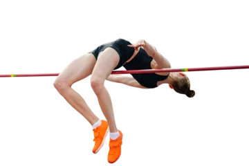Poster woman jumper high jump in summer athletics championships, isolated on transparent background © sports photos
