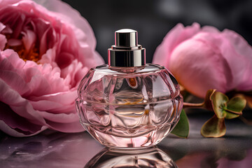 Obraz na płótnie Canvas Perfume in a glass bottle on the table with flowers on background in the style of a commercial photo. AI generated illustration.
